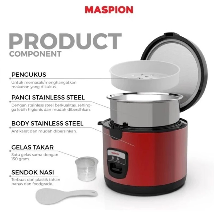 Maspion Rice Cooker 3 in 1 Stainles Steel Merah 1,8 L - MRJ1856BRSN | MRJ1856 BRSN